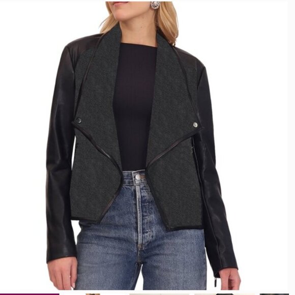 Bagatelle Collection Medium Drape FAUX Leather Jacket in Black and Dark Gray - Picture 1 of 11